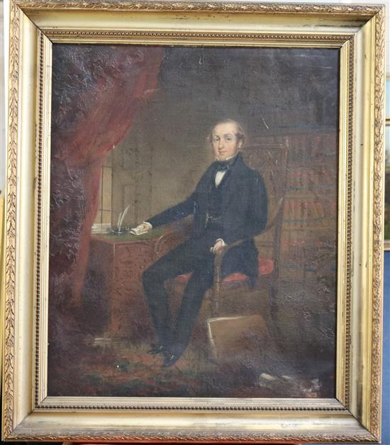 Victorian School Full length portrait of a gentleman seated in his library 24 x 20in.